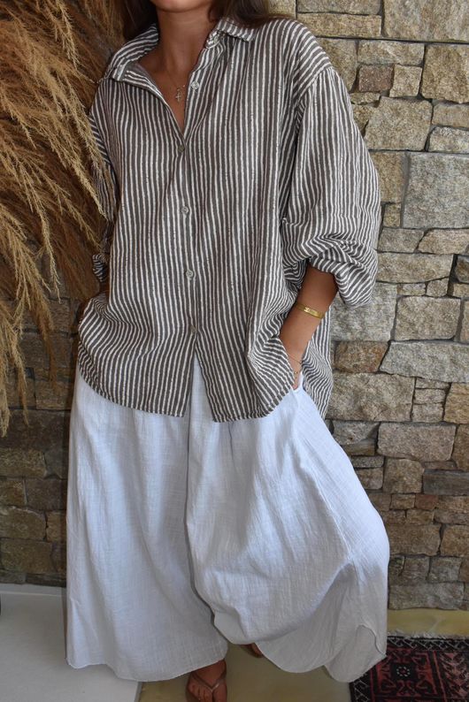 Sundaze Cheesecloth Chalk Stripe Boyfriend Shirt Mocha & White